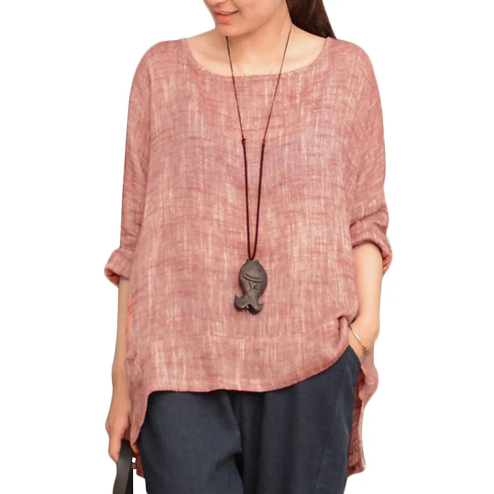 

Retro Women Plus Size Cotton Linen Blouse Shirts Semi Sheer High Low Irregular Hem Split Roupas O Neck Long Sleeve Oversized Top