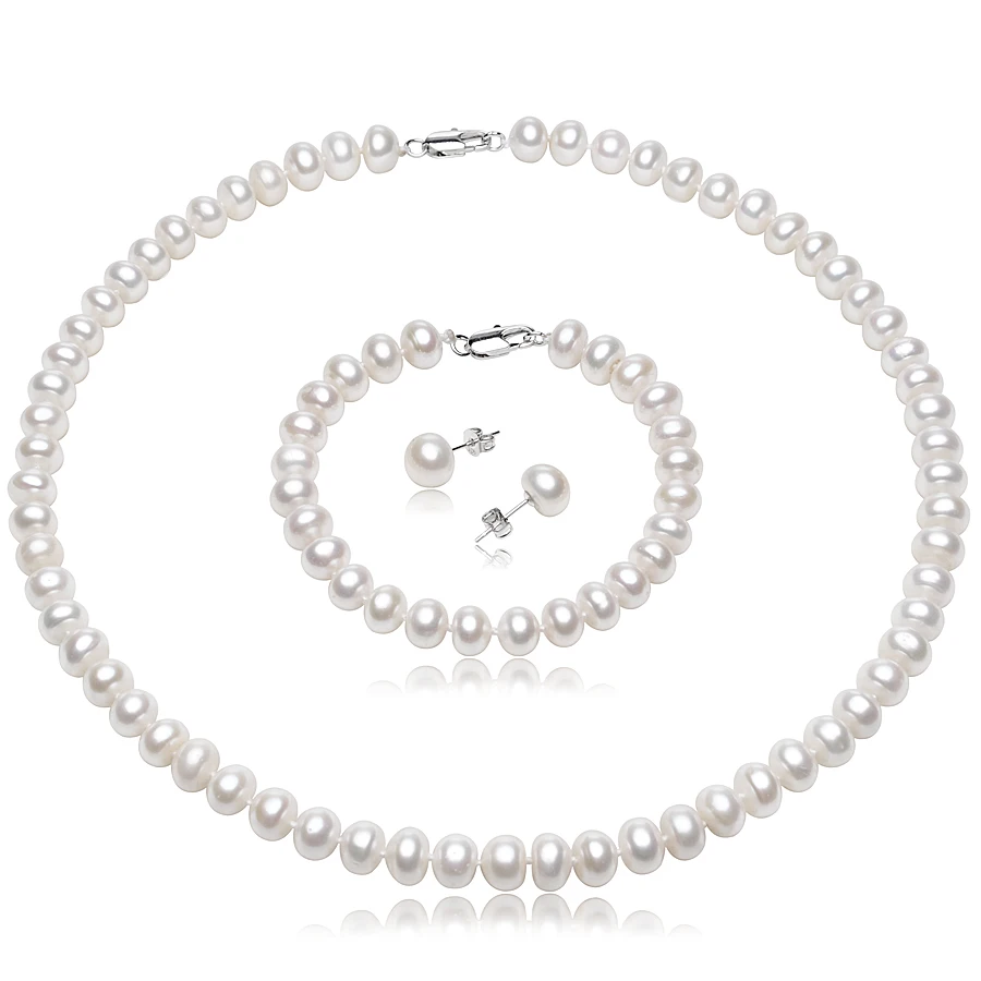 

Genuine Natural Freshwater Pearl Jewelry Necklace Sets For Women 7-8mm White Pearl Necklace Set 925 Silver Earrings Fine Jewelry