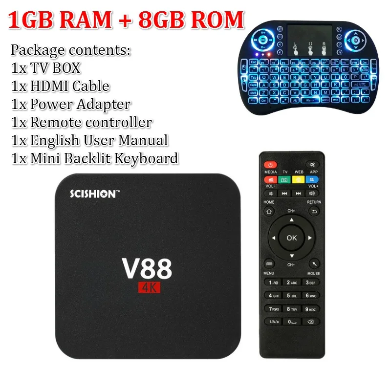 SCISHION V88 Android tv Box IP tv ОС Android 9,0 1 ГБ ОЗУ 8 Гб RK3229 четырехъядерный 1080P WiFi HDMI смарт ТВ приставка медиаплеер - Цвет: 1G Backlit Keyboard