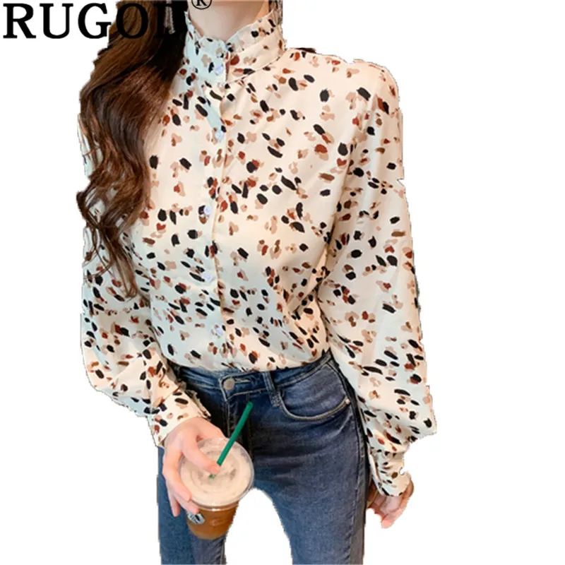 

RUGOD Ruffle stand collar Printed women blouse 2019 spring Fashion printed lantern sleeve slim shirts female camiseta feminina