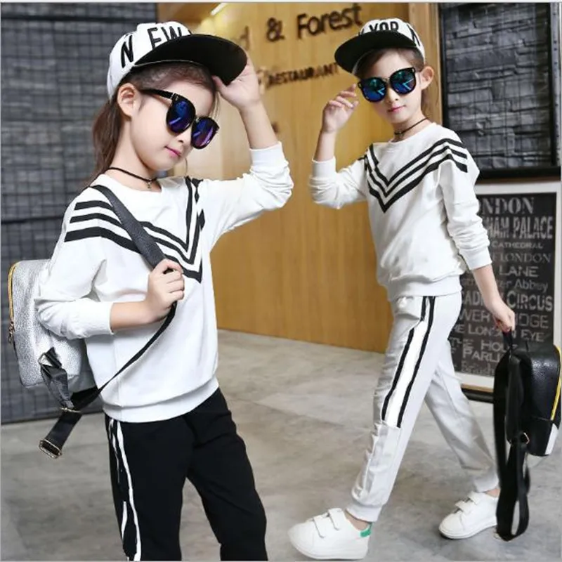 Kids Boys Girls Long Sleeve White Black Striped Tshirt Pants Children Sports Outwear Suits