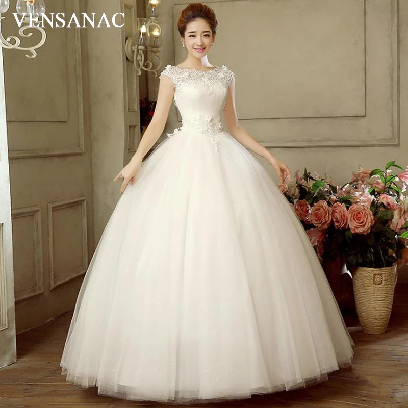 VENSANAC 2018 Boat Neck Lace Flowers Appliques Ball Gown Wedding Dresses Short Cap Sleeve Sequined Open Back Bridal Gowns
