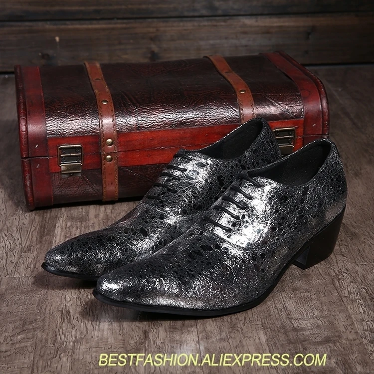

Drop shipping top quality silver cowhide leather men's formal business shoes luxury pointed lace up oxfords party dress shoe 46