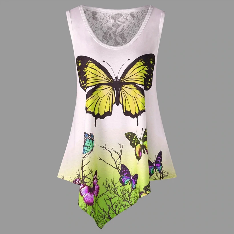 Новинка, женская летняя футболка, Топы, большой размер s, повседневная, без рукавов, с принтом бабочки, перо, свободные, 5XL размера плюс, женские топы