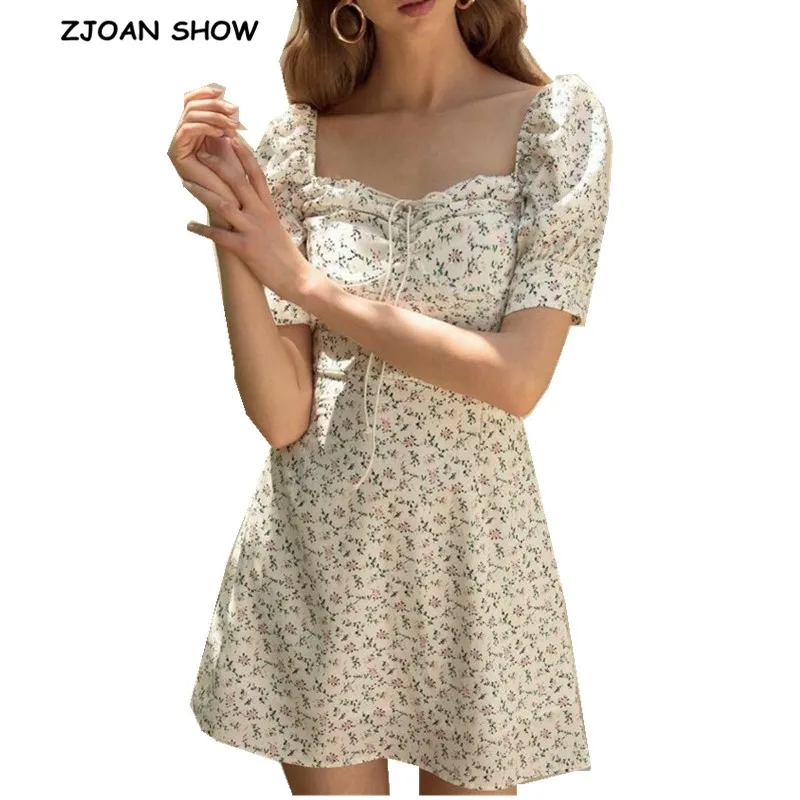 

2019 New French Fresh Small Flower Short White Dress Retro Women Lacing Up Tide Bow Bra Collar Short Puff Sleeve Mini Dresses
