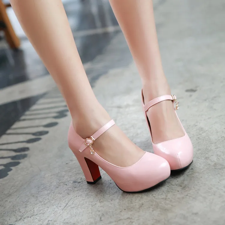 2018 Women Thick Heel Round Head Patent Leather White High Heel Rhinestone Platform All Match Dress Shoes Small Bie Size 32 43