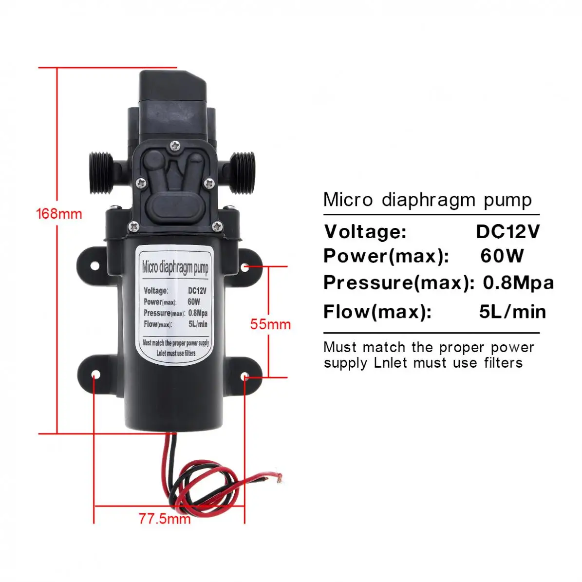 12V 60W Универсальный 5L/мин самовсасывающий DC интеллигентая(ый) Мини мембрана высокого Давление электрическая Автомобильная моющая насос для автомобиля/дома/сад