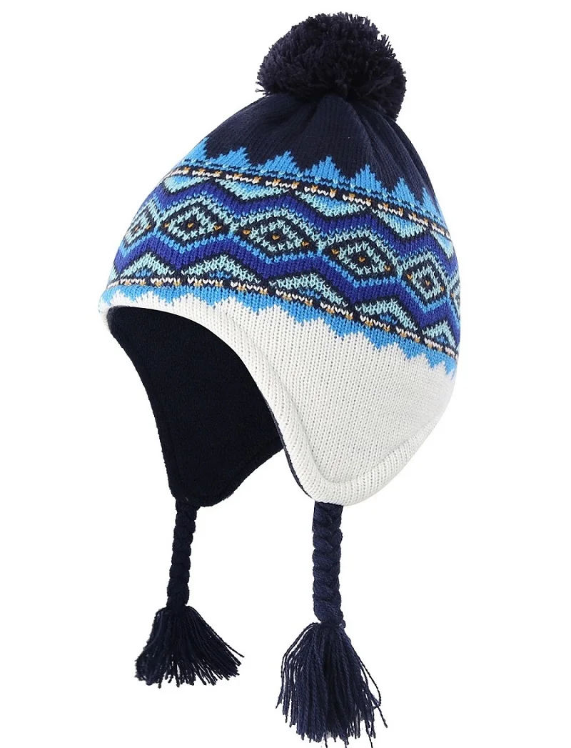 Зимняя шапка с черепом для маленьких мальчиков; вязаная шапка с флисовой подкладкой и ушками; теплые детские шапки с помпоном - Цвет: Blue