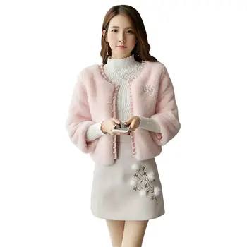 

2018 Autumn Winter Women Set High Waist Faux Fur Mini Skirt And Tops Female Beading Thick Warm 2 Piece Set Clothing Big Size Q18