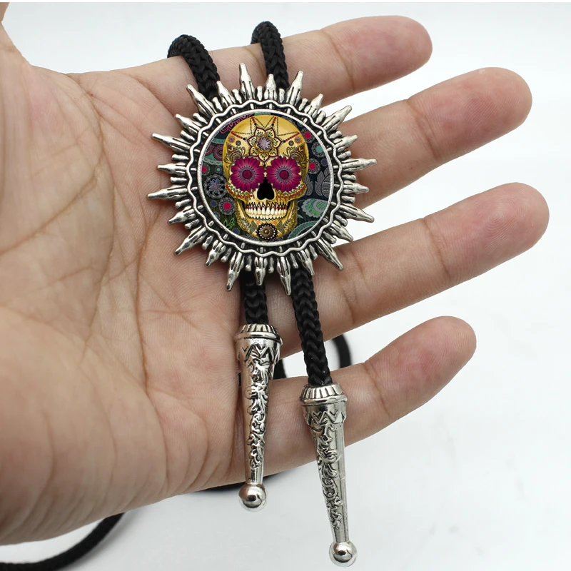 

BOLO-0029 New Arrival Tattoo Skull Western Bolo Tie Round Glass Dome Sugar Skull Jewelry Mens Neck Tie Wholesale