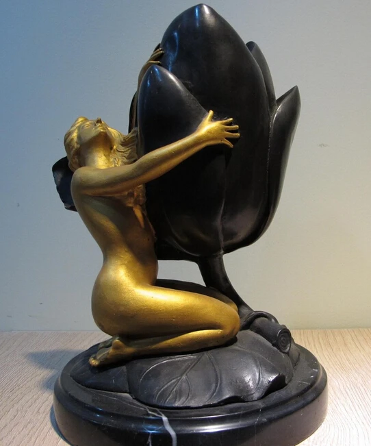 

bi003694 Western Art Copper Bronze Figurine Marble Base Lotus Nude woman Statue Sculpture