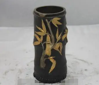 

Chinese Royal Bronze 24K Gold Bamboo Dragonfly Cicada Vase Pen Case Brush Pot