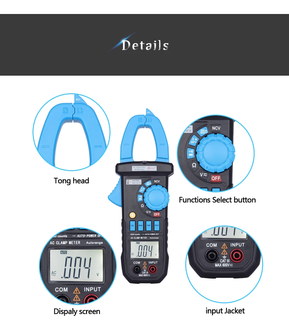 BSIDE 600A цифровой измеритель переменного тока ACM01 PLUS мультиметр индукционный сигнал напряжения