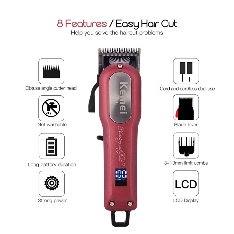 

Kemei Professional Electric Hair Clipper Styling Tool Rechargable Sharp Blade Hair Trimmer with the LED Display Cutting Machine