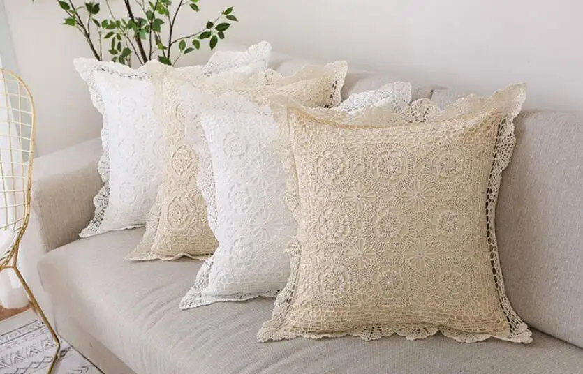 Handmade classilca floral crochet cushion cover hook flowers pillow case decorative throw lace border pillowcase Sofa