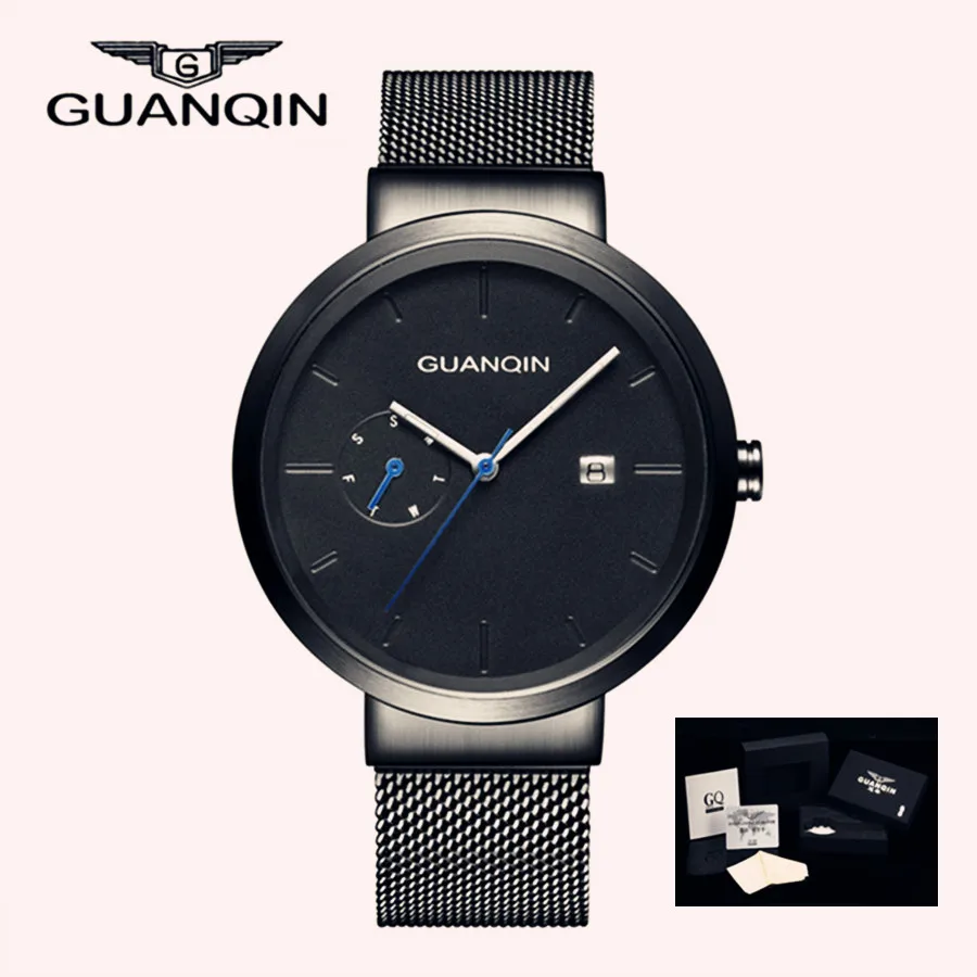 

GUANQIN 2018 Fashion Date Watch Stainless Steel Watch for Man Quartz Analog Male Luminous Quartz Wristwatches Calendar Clock