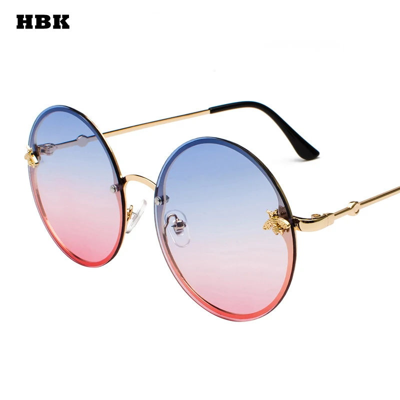 

HBK Fashion Trendy Bee Round Sunglasses For Women Metal Rimless Oversized Gradient Lens UV400 Original Men Luxury Top Quality