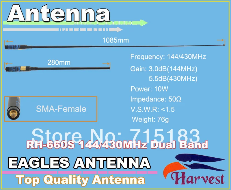 

SMA-Female Connector Harvest RH-660S High Gain Dual Band 144/430MHz Telescopic Antenna for UV-5R KG-UVD1P TG-UV2 Two Way Radio