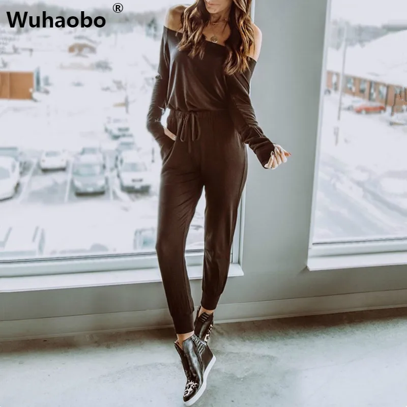 

Wuhaobo Sexy Autumn Jumpsuits Slash Neck Long Sleeve Off Shoulder Drawstring Rompers Female Overalls Solid Bodysuits Women