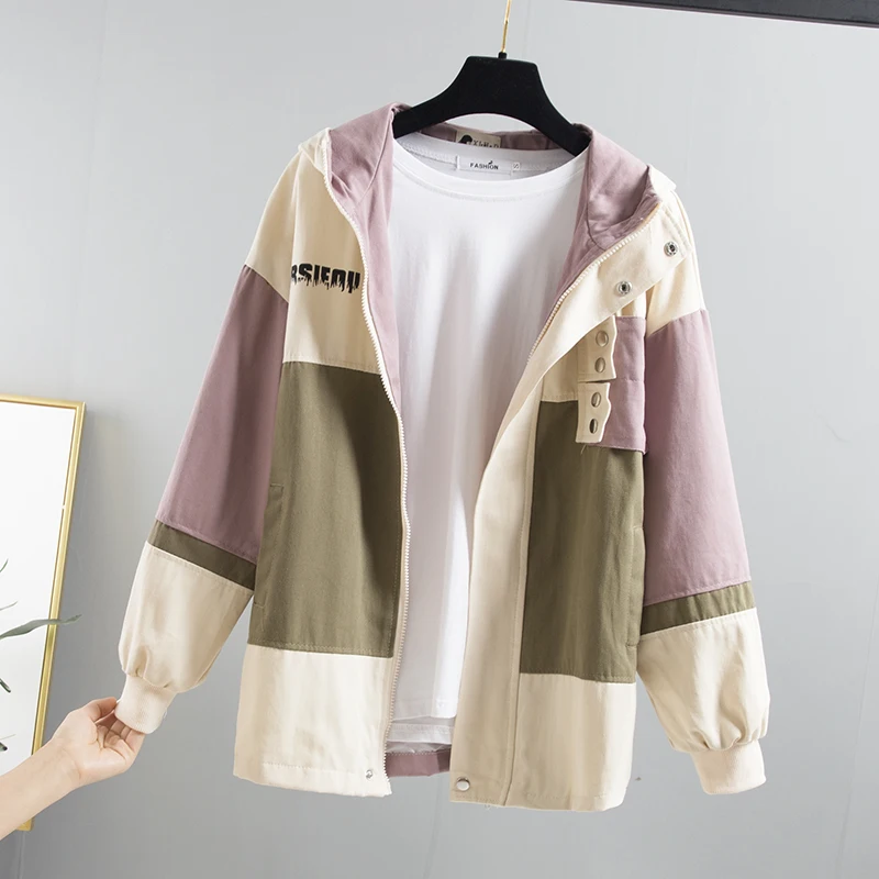 

Patchwork Windbreaker Women 2019 Spring Autumn Korean Short Hooded Jacket Coat Female Large Size Loose Casual Women Basic Coat
