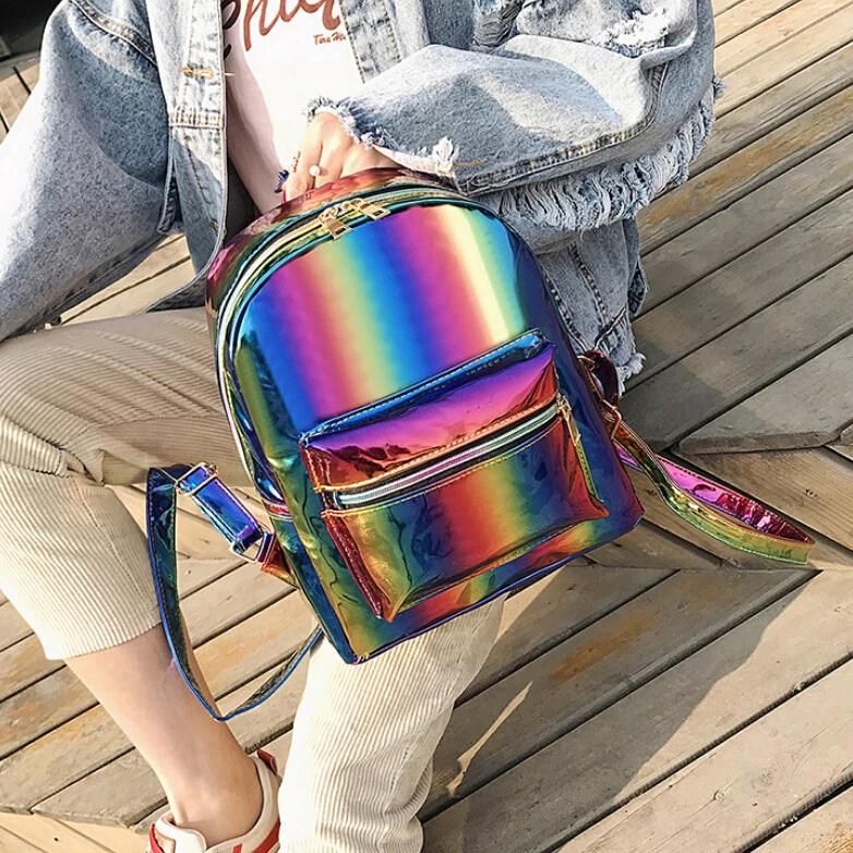 Голографический лазерный рюкзак для девочек, школьная сумка для женщин, Радужный цветной металлический серебристый лазерный голографический рюкзак