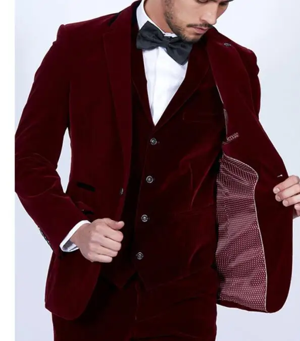 Бордовый бархат для мужчин костюмы 2018 Slim Fit 3 предмета Блейзер на заказ цвет