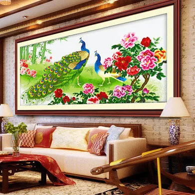

DIY Print Chinese cross stitch blooping rich pring peacock peony Flowers painting big picture New Arrival embroidery