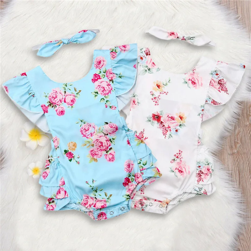

2019 Cute Baby Girls Clothes Floral Sets 2Pcs Fly Sleeve Backless Romper Ruffles Tutu Jumpsuit Headwear Baby Girl Outfits 0-24M