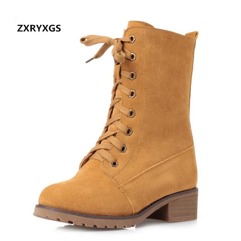 

ZXRYXGS Brand Shoes Woman Shoes Matte Cowhide Leather Boots 2018 New Plus Size Winter Snow Boots Lace In-tube Boots Martin Boots