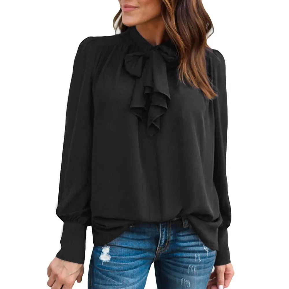 

#4 DROPSHIP 2018 NEW Fahion Ladys Women Casual Chiffon Long Sleeve Solid Bow Tops Blouse Freeship