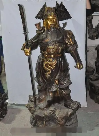 

S01892 52"Chinese Bronze 9 Dragon Head Warrior Stand GuanGong GuanYu God Knife Statue (B0413)