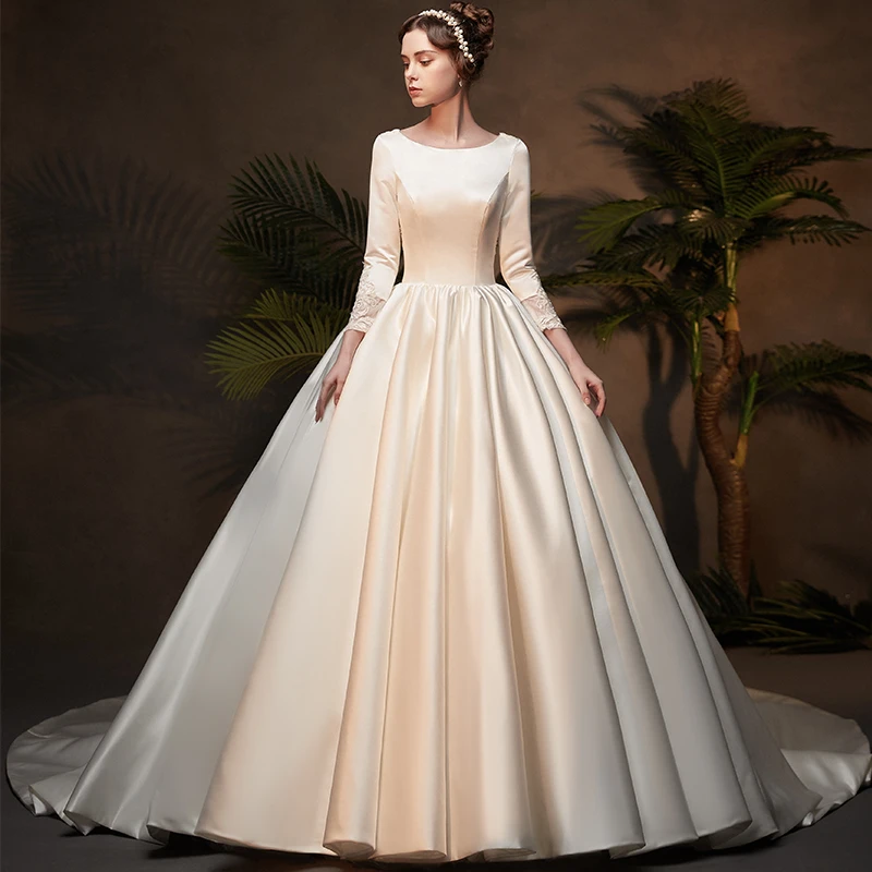 2019 nueva llegada Vestido de satén sencillo vestidos de Modest con mangas Vintage Mujer Vestidos Elegantes de novia|Vestidos de novia| - AliExpress