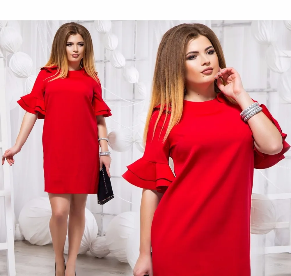 

2019 large size ruffled trumpet sleeves summer solid color dress women's short-sleeved O-neck mini straight dress large size