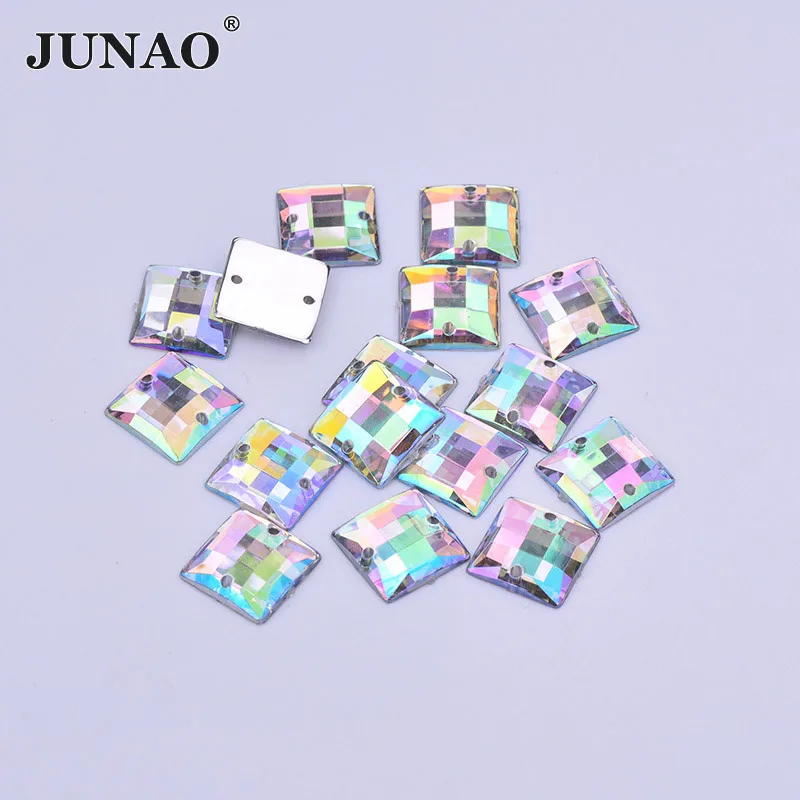 

JUNAO 15 Color 8mm 10mm Sewing Square Crystal AB Rhinestones Flatback Acrylic Crystals Stones Sew On Beads for Dress Crafts