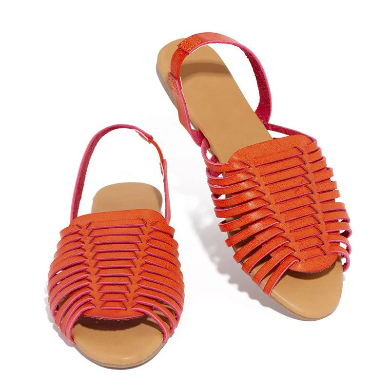 Женские плетеные сандалии из искусственной кожи на плоской подошве; женская пляжная обувь с открытым носком; женская дышащая модная летняя обувь без застежки - Цвет: orange