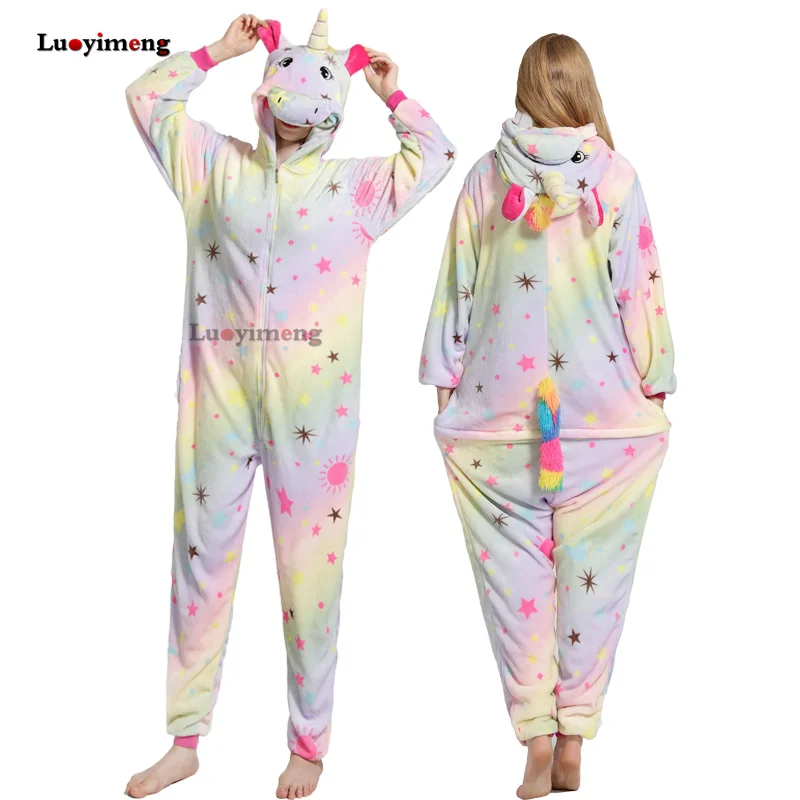 Зимние женские пижамы в виде животных, Ститч, единорог, одежда для сна, Onesie, единорог, пижама, наборы, кугуруми, для мужчин, взрослых, фланелевая ночная рубашка с пандой