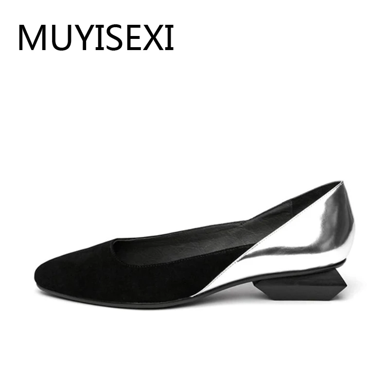 

3 cm Low Heel Spring Shoes Women Genuine Leather Irregular Square Heel Pointed Toe Slip-On Shoes Black Office D003 MUYISEXI
