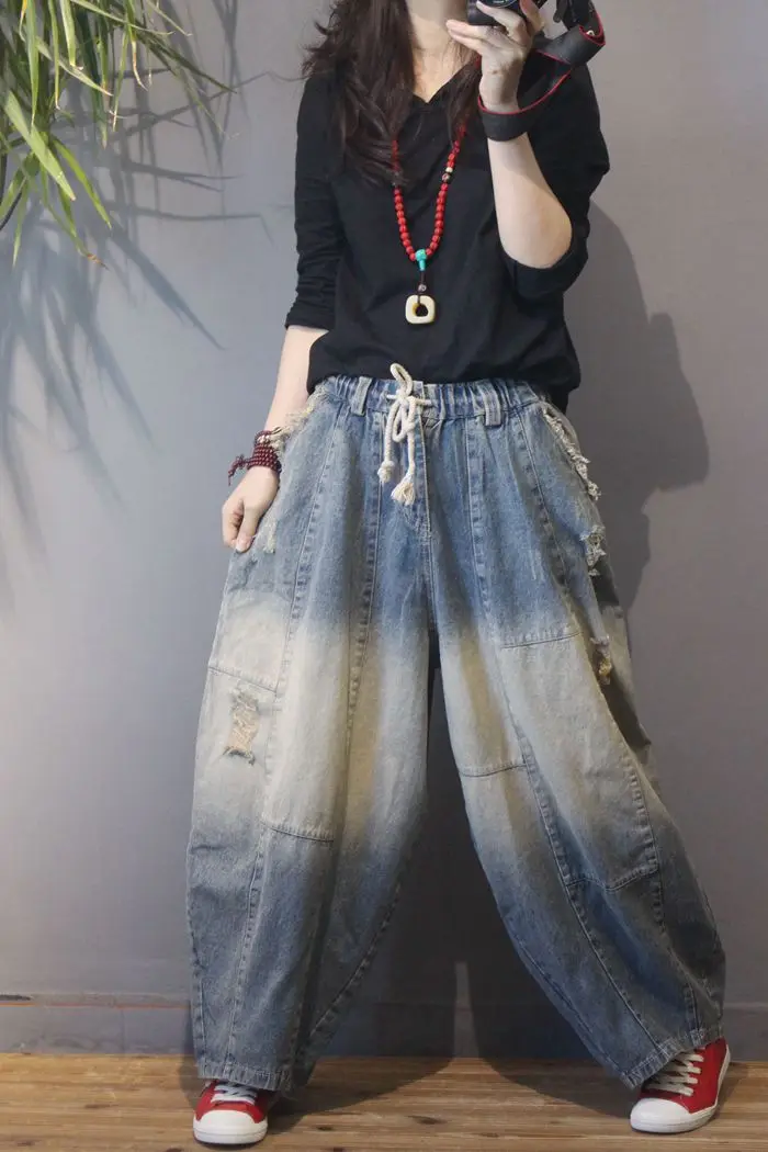 2019 Mujer Nueva Primavera Y Verano Lavada Do Old Con Agujero Cordón De Cintura Floja Ocasional Pierna Ancha Suelta Pantalones De Mezclilla