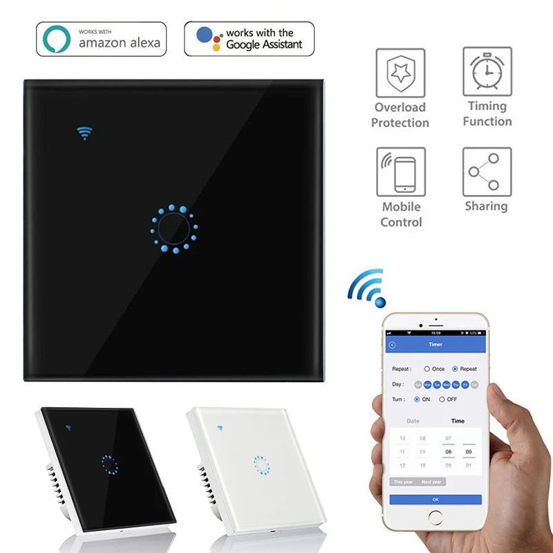 1/2/3 Gang Wi-Fi Touch Switch Wall Light Panel Wireless Intelligence Timing&Remote Control APP Work with Alexa Google Home