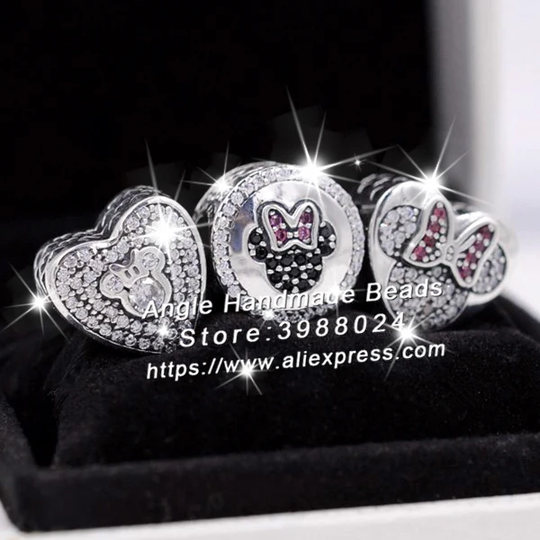 

3pcs S925 Sterling Silver Minnie Mitch Heart CZ Charms Jewelry Set Fit DIY Bracelets Necklaces Jewelry Making Woman Gift