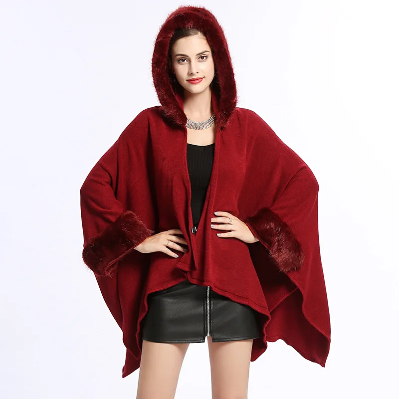 2018 Fashion Women Winter Capes Faux Fur Collar Knitted Open Stitch Poncho Long Sleeve Cardigan Thick Warm Cloak Coat With Hat