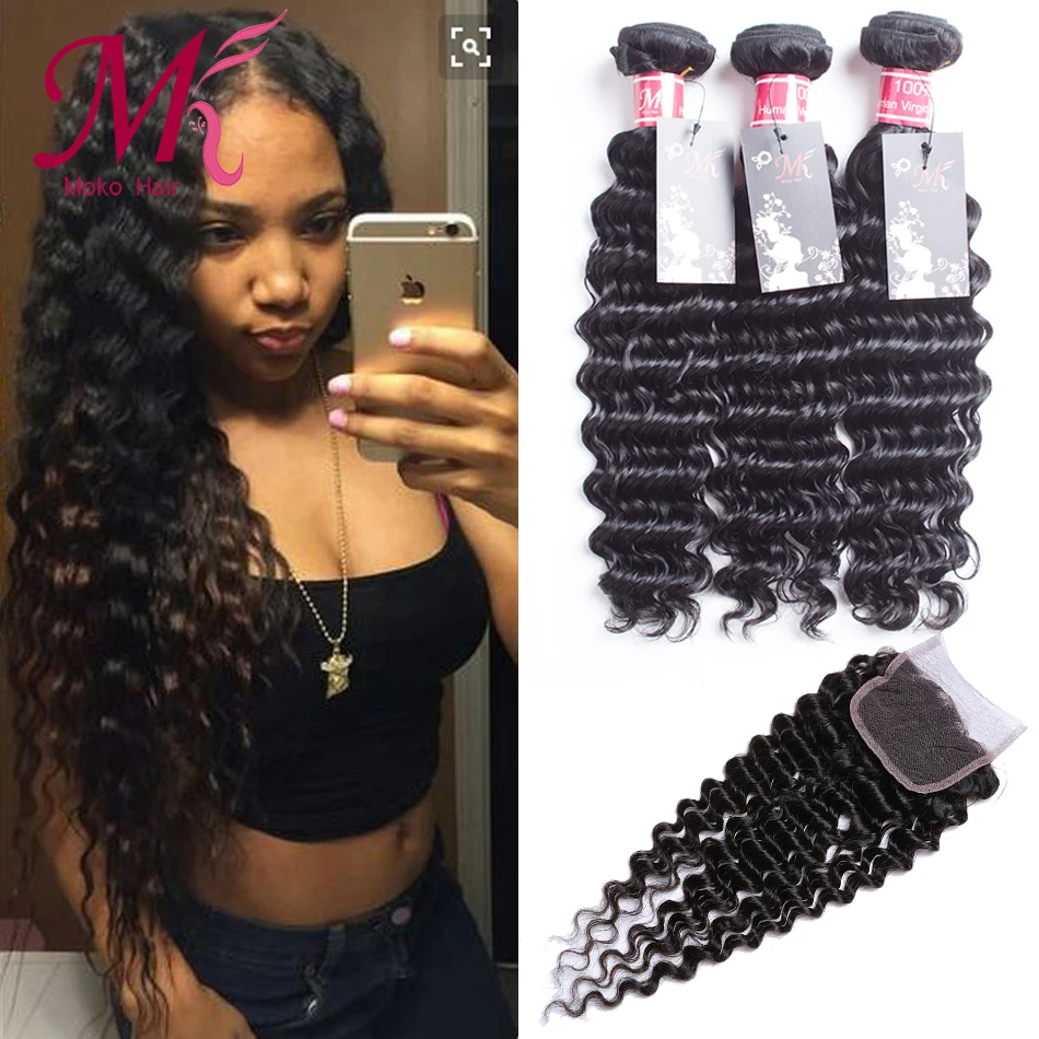 New Arrival Indian Deep Curly 3 Bundles With Closure Virgin Wave Human Hair Deals |
