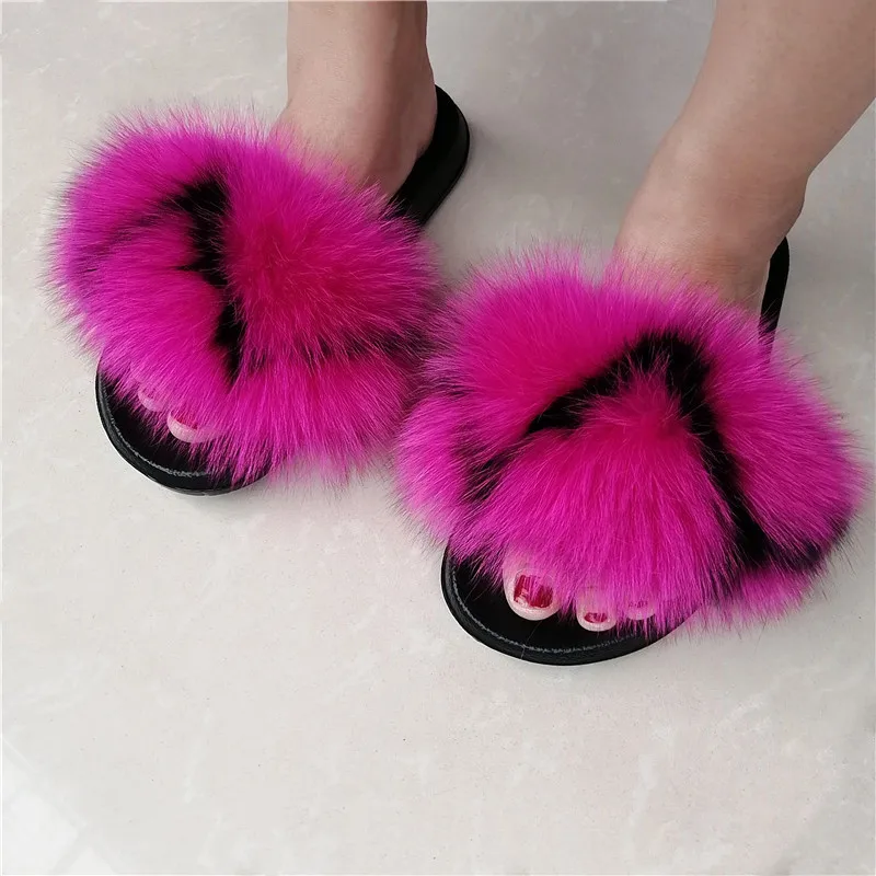 

Fur Slippers Women Real Fox Fur Slides Furry Flat Sandals Female Cute Fluffy House Shoes Woman Brand Luxury Fur Slippers 2019Hot
