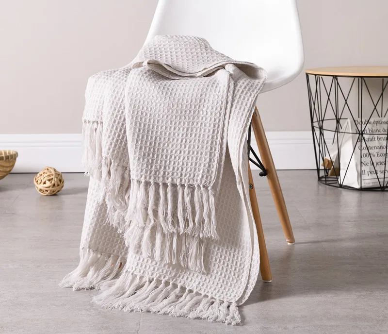 

Waffle Blanket with tassel Thin Throw Blanket Plaid Solid Bed Sheets Summer Air Conditioning Travel Blanket On Sofa 130cm*160cm