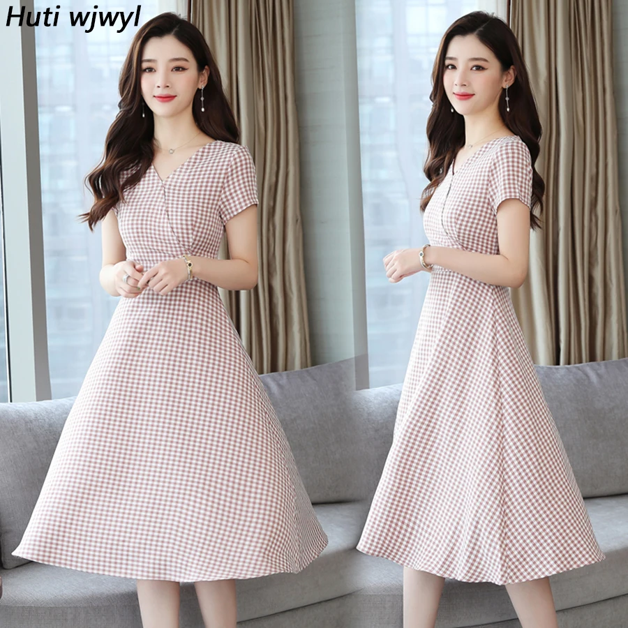 

2019 Vintage Plus Size Pink Chic Sexy Sundress Summer New Sweet Plaid Beach Midi Dresses Women Bodycon Elegant Party Vestidos