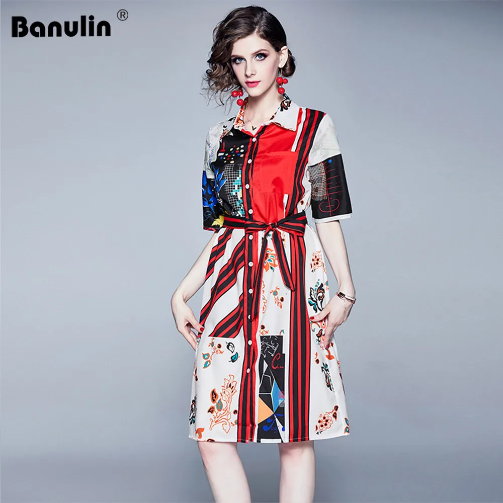 

Banulin Designer 2019 Runway Summer Shirt Dress Women's Turn Down Neck Bow Belt Floral Stripe Printing Casual Short Dress