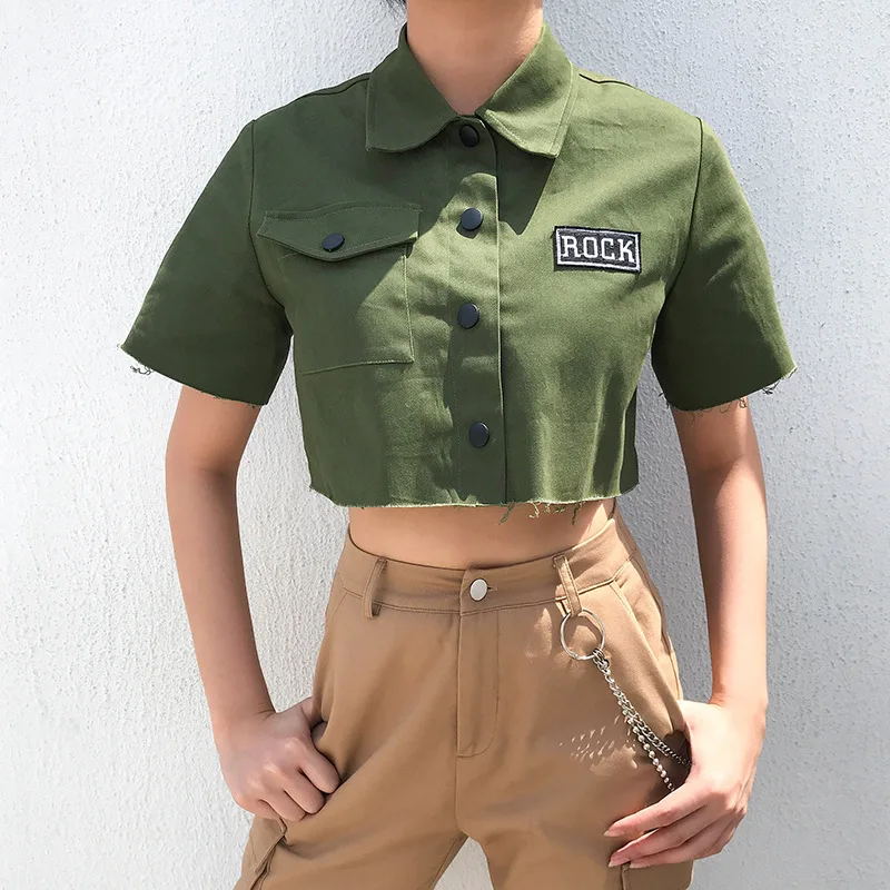 

YYXZ Summer Shirts Fashion Loose Rock Rough Selvedge Short Sleeve SML Woman Casual Short Frock Shirt Lady Blouses Crop Top