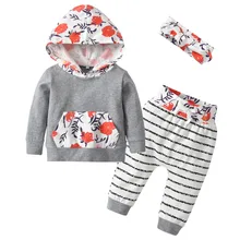 3 шт.; Одежда для новорожденных девочек; повседневные топы с длинными рукавами и капюшоном с цветочным принтом; штаны в полоску; повязка на голову; комплект одежды; одежда для малышей