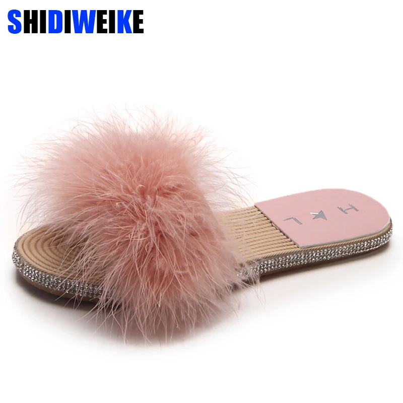 

Fur Furry Slide Sweet Feather Flat Bottom Beach Female Sandals Hair Flip Flops Women Home Slippers Outside Crystal shoes m717