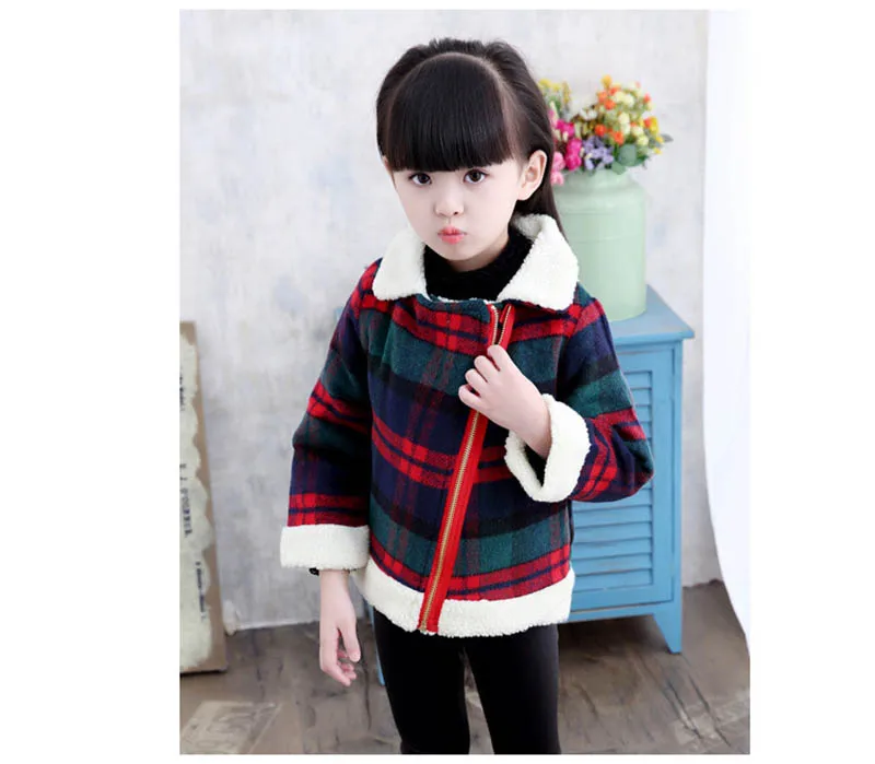 Autumn fall plaid thicken woollen jacket for girls kids zipper casual coat for girl woolen coat for girls (2)